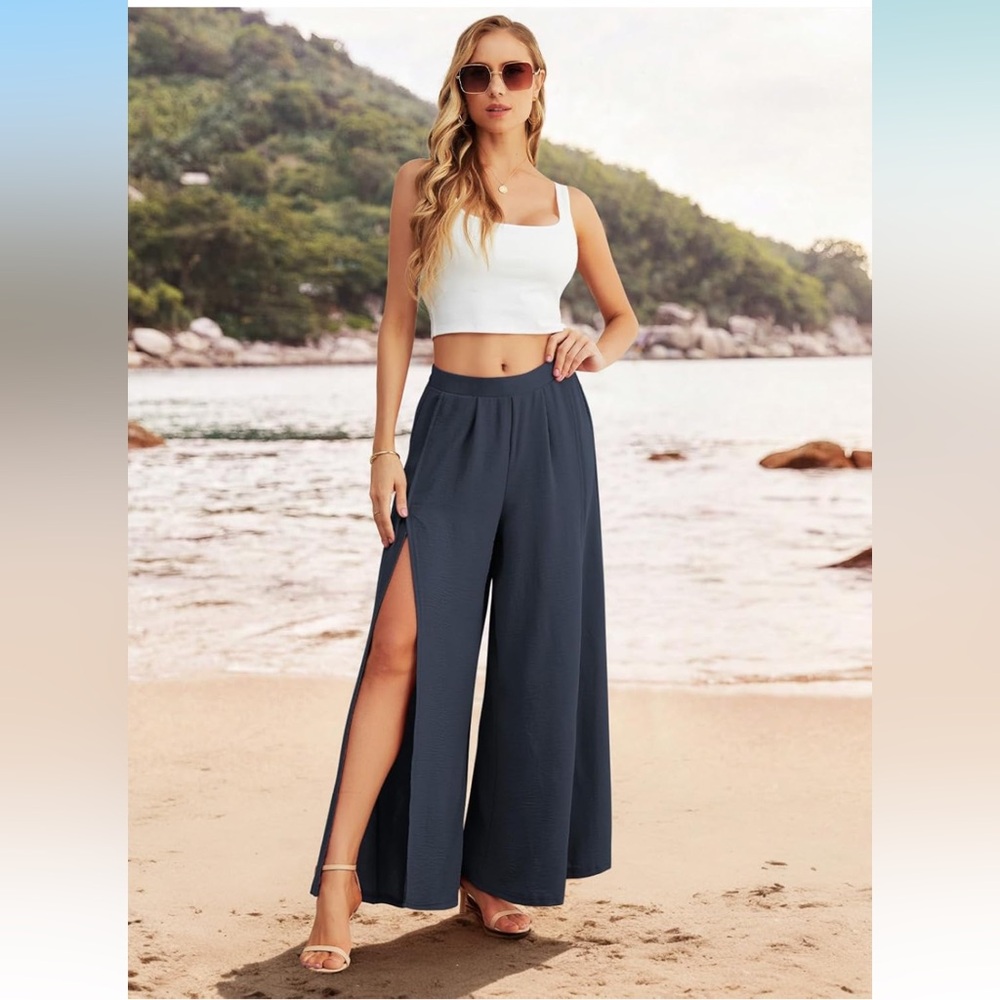 Split Wide Leg Pants | High‎ Waisted | Beach Flowy | Lightweight | Small | NWT